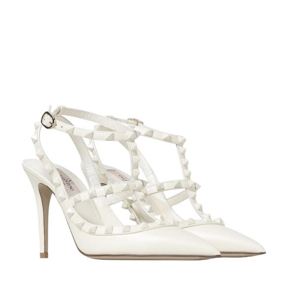 Valentino Garavani Ivory Leather Rockstud Caged Ankle Strap Heels Pumps Size 40 - Picture 1 of 6